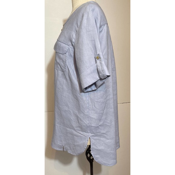 ELLEN TRACY Women’s L Linen Blouse Blue Pull On Quarter Zip - Picture 3 of 9